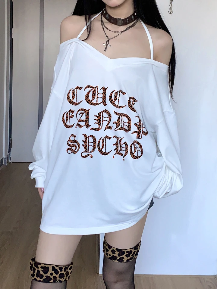 Rockmore Leopard Tlač aplikovaného listu mimo ramena Top Harajuku Príležitostné dámske dámske tričká Autumn y2k estetika