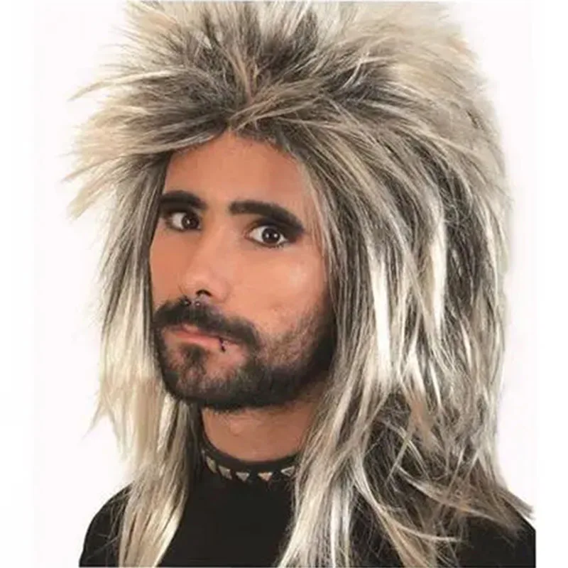 Rocková hviezda mala chlpatú lacnú parochňu vlasy čierne šampanské mužy chlapci Cosplay parochňa