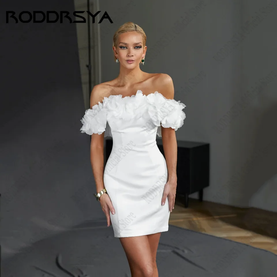 Roddrsya krátka morská panna svadobné šaty z ramena 3D kvety klasické svadobné šaty bez ramienok saténové vesty de nová nad koleno