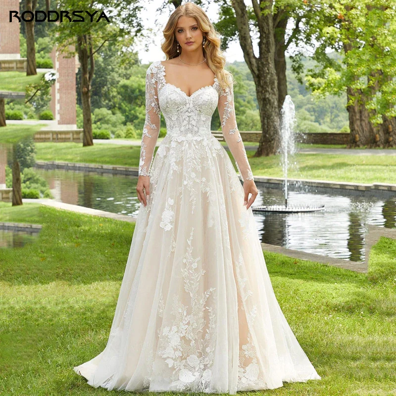 Roddrsya čipka miláčik svadobné šaty s dlhými rukávmi nevesty šaty backless aplikácia Sweep Sweet Train Beach Vestidos de Novia Prispôsobené