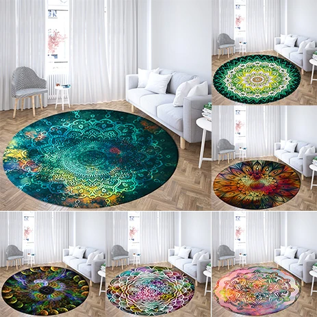 Rodinná obývacia izba Spálňa Kúpeľňa podlahové rohože tlačené dekoratívne koberce psychedelické mandala okrúhle pohovky dom
