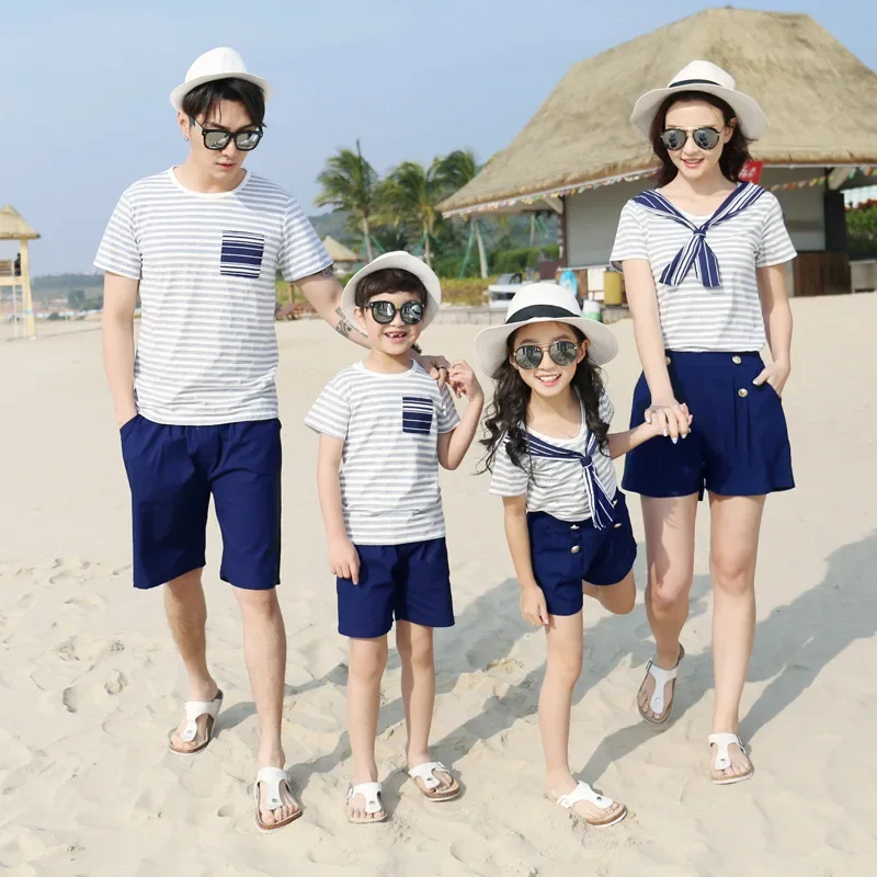 Rodinné oblečenie na šaty Sailor Sets Holik Look Matka Otec a dcéra Syn Cotton T tričká + šortky dvojdielne outfit