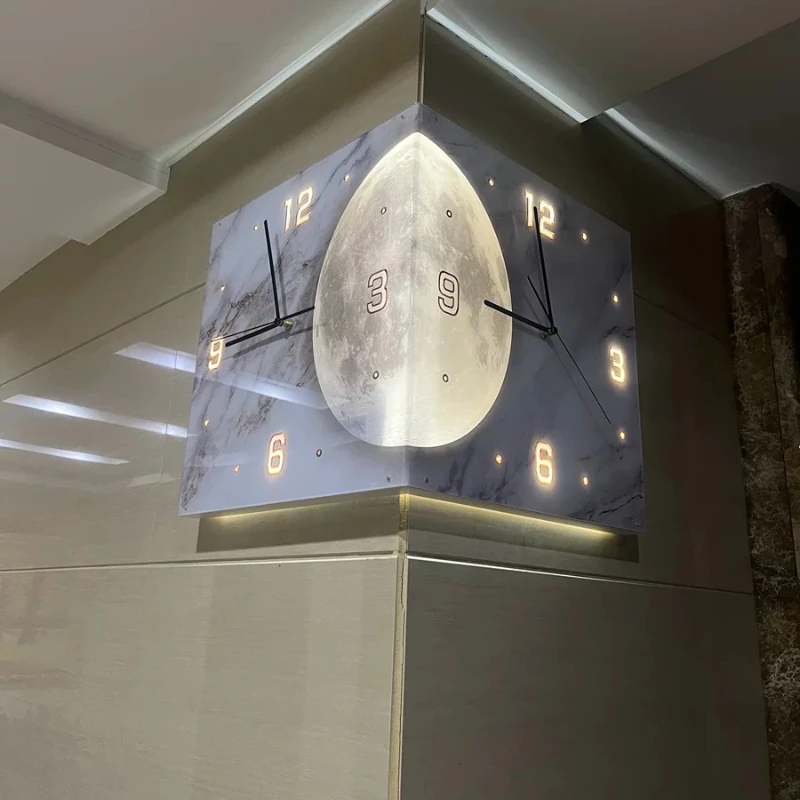 Rohové nástenné hodiny obojstranné moderné LED hodiny nástenná lampa Mesiac obývacia izba dekorácia digitálne 3D hodinky reloj de Pared Hierro