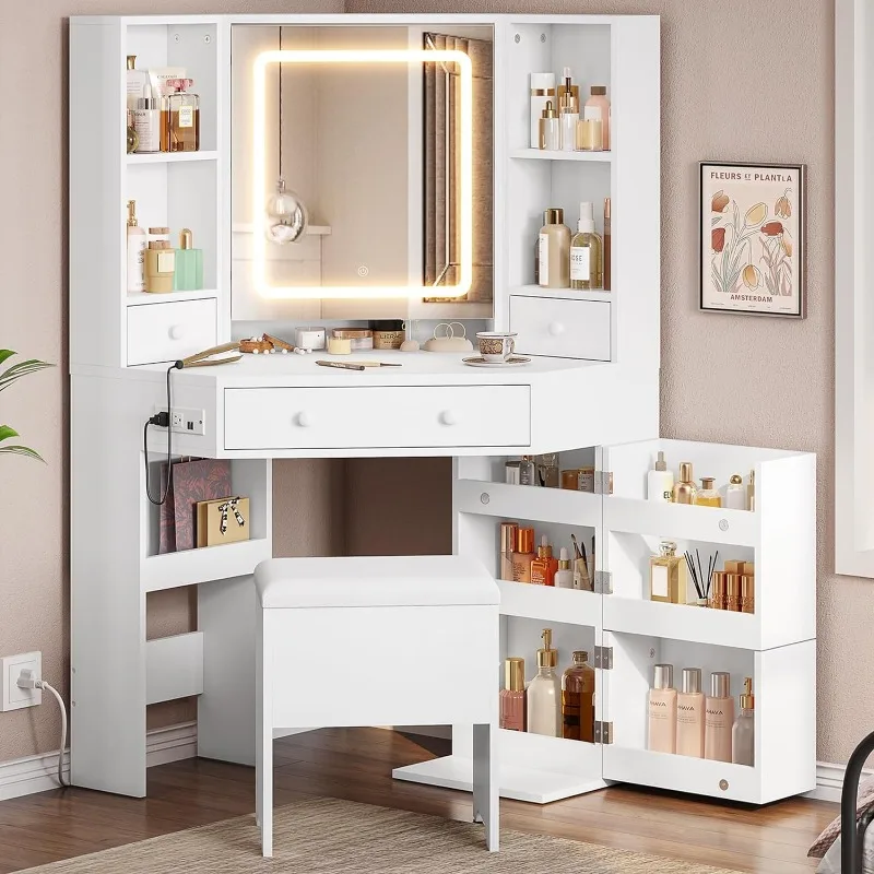 Rohový márnosť stola s osvetleným zrkadlom, make -up márnosť so svetlami a nabíjackou stanicou, márnosť so zrkadlom a skladovacou stoličkou