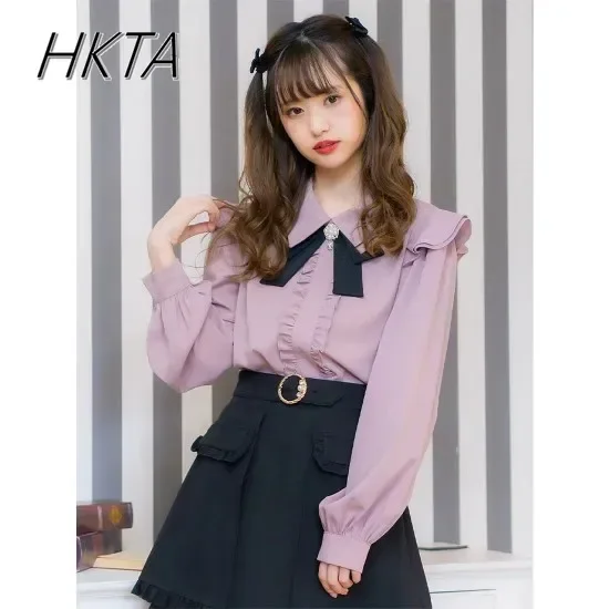 Rojita tričko Japonské sladké fialové ružové košele Dámske šnurovanie luk lolita s dlhým rukávom blúzka jar leto leto nové blusas mujer girl