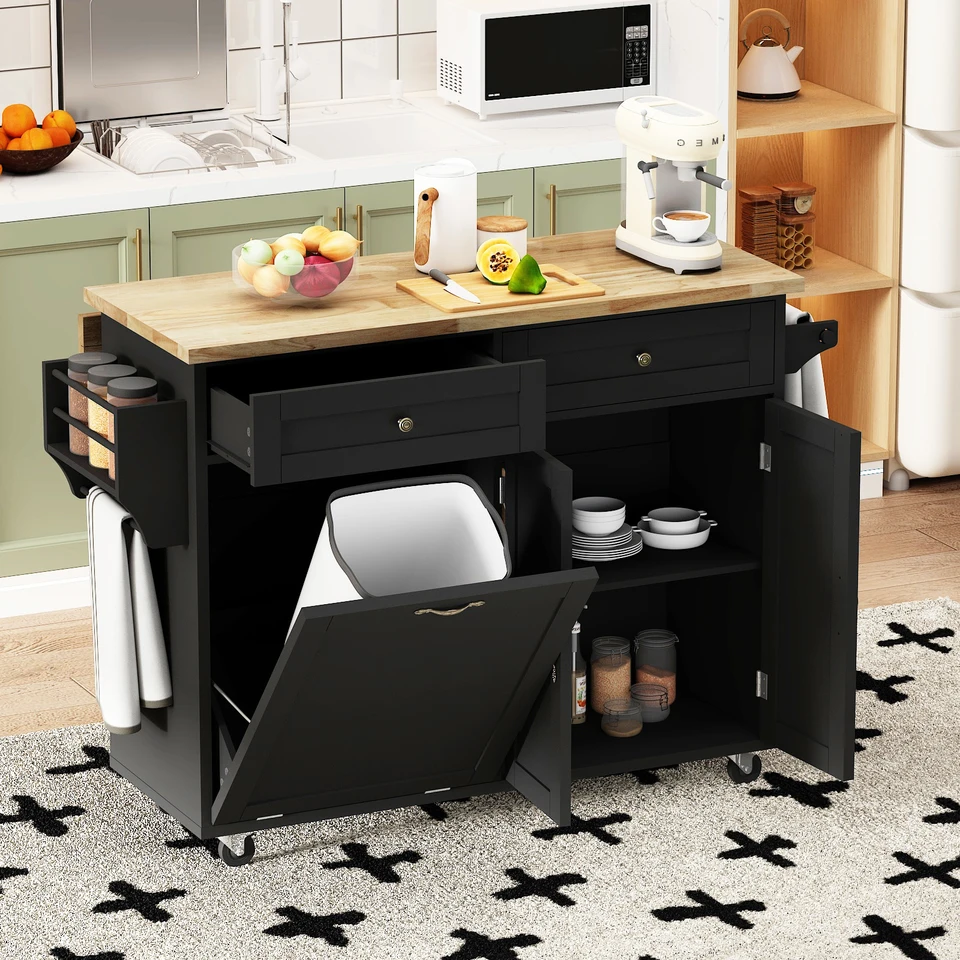 Rolling Kitchen Island W/ Drop Leaf, kuchynská odpadová skrinka sklápate 10 Gallon Storage, Storage Islands Hovno -vozy s korením stojanom