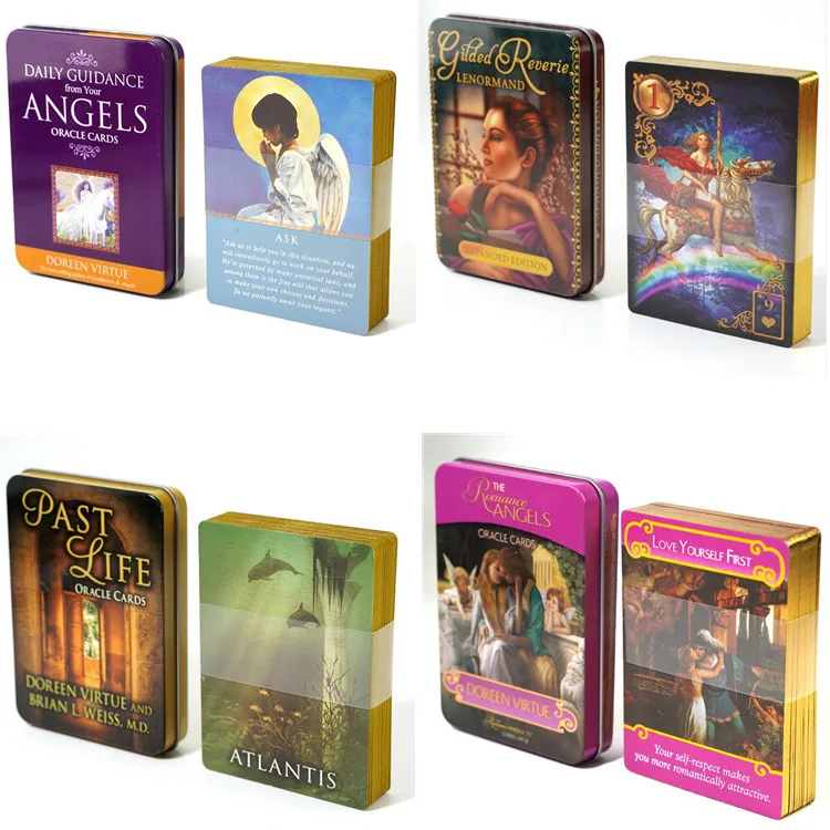 Romance anjel tarot paluba v plechovej skrinke pozlátená hrana pre začiatočníkov Fortune Telling Game Card Light Oracle Card Deck