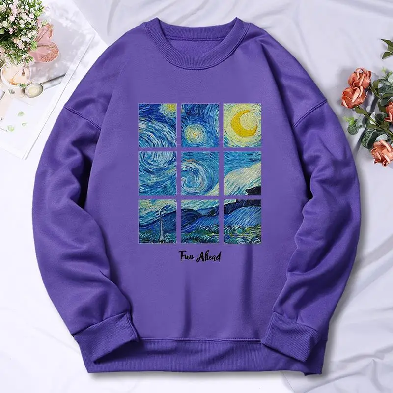 Romantická hviezdna obloha maľba tlačené mikiny Ženy Jeseň Príležitostné mikiny Hip Hop Hop Hop Hoody Fleece Teplo pohodlné topy Žena Žena