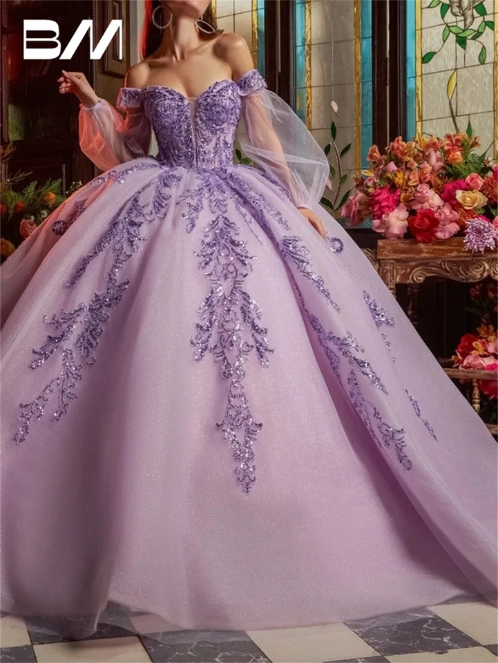 Romantické levanduľové čipky Aplikácie Quinceanera šaty 2024