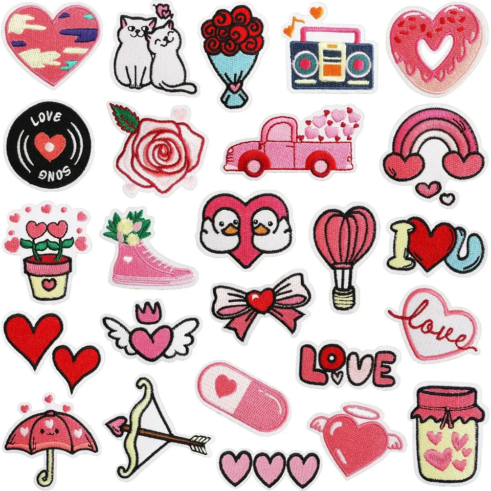 Romantické vyšívanie železa na záplatách Valentín Temed odznak Thermo Adhesive Love Appliques Cartoon Rose Rose na oblečenie