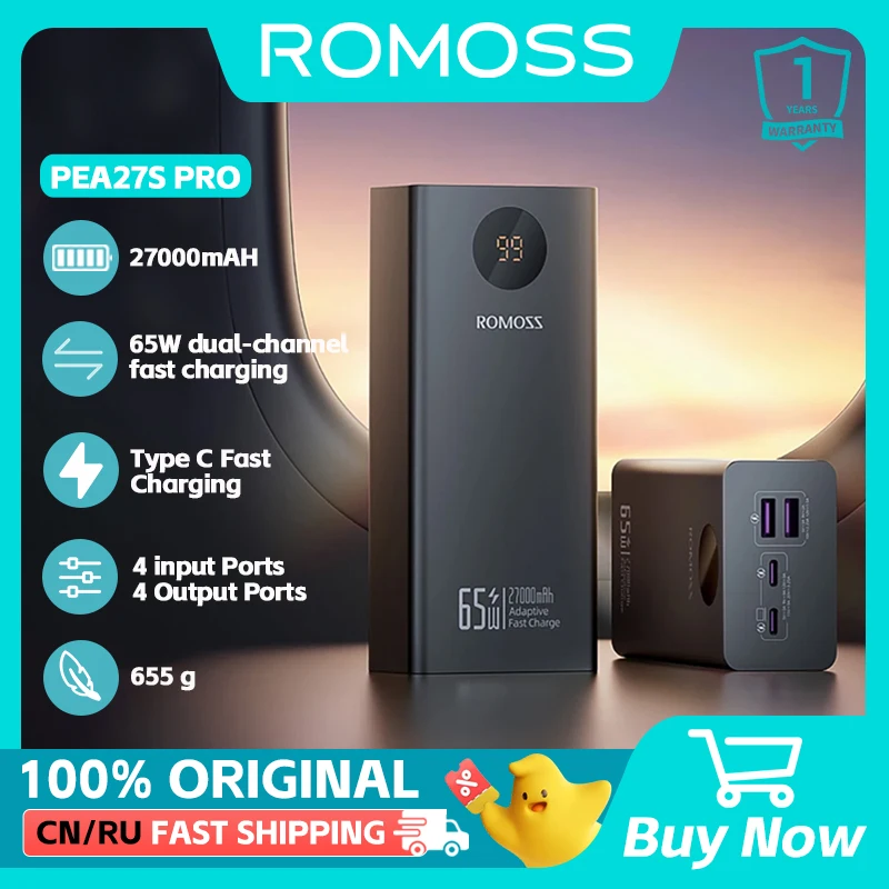 Romoss 27000MAH Výkonná výkonová banka 65 W PD30W Rýchle nabíjanie PEA27S PRO Externá batéria pre Xiaomi 14 Xiaomi iPhone 15 NAPOHLÁDA