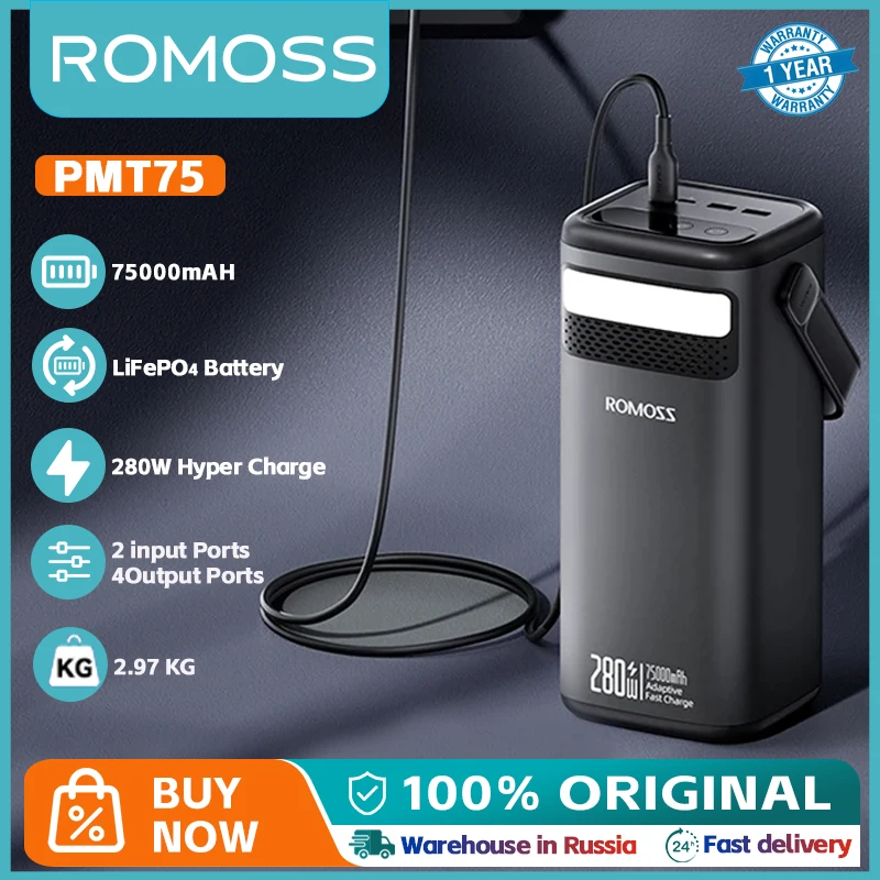 Romoss PMT75 Power Bank 75000 MAH 280W Typ C Výkonná Powerbank PD Rýchly nabíjanie 75000 mAh Externá batéria pre Xiaomi iPhone