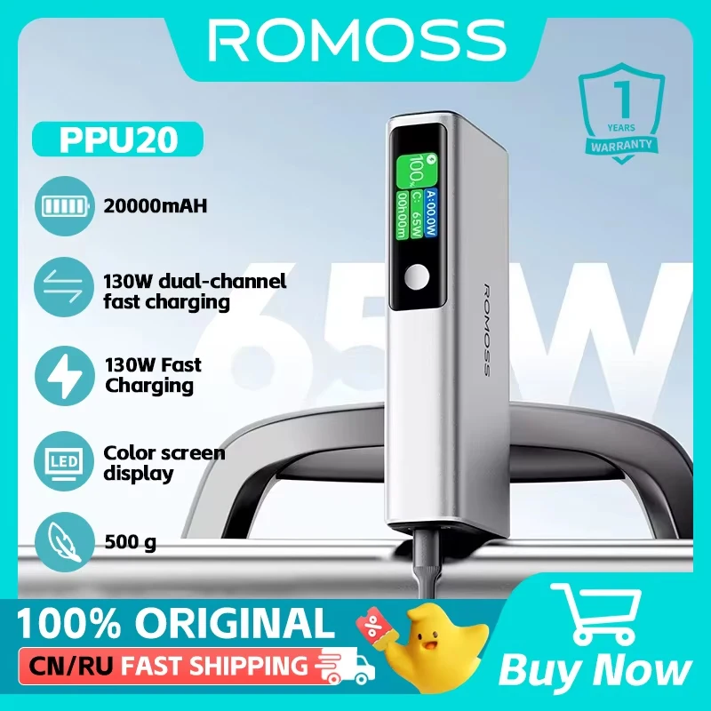 Romoss PPU20 PD 130W Rýchle nabíjanie Power Bank 20000MAH Prenosná externá batéria Powerbank pre iPhone Xiaomi Huawei