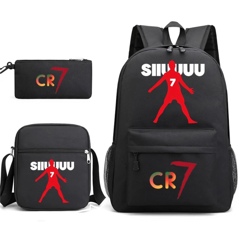 Ronaldo tlačený batoh Set Student School Bag Bag Cat Cencil Case 3-Diece Set Kids Deti Back-to-School Darček
