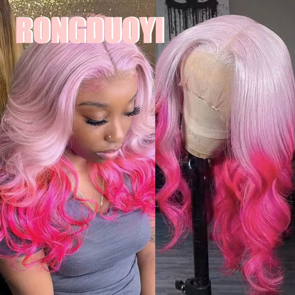 Rongduoyi ombre ružová vlna tela Syntetická parochňa prírodný vlasový gradient ružový kučeravý čipka na vlasy predné parochne Dámske cosplay ružová parochňa