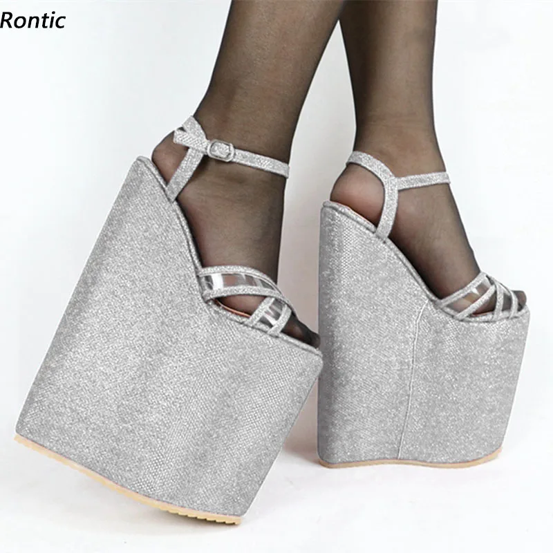 Rontic Real Pictures Dámske platformy Sandále Glitter Sexy kliny podpätky Otvorené prsty pekná strieborná párty cosplay topánky USA veľkosť 4-14