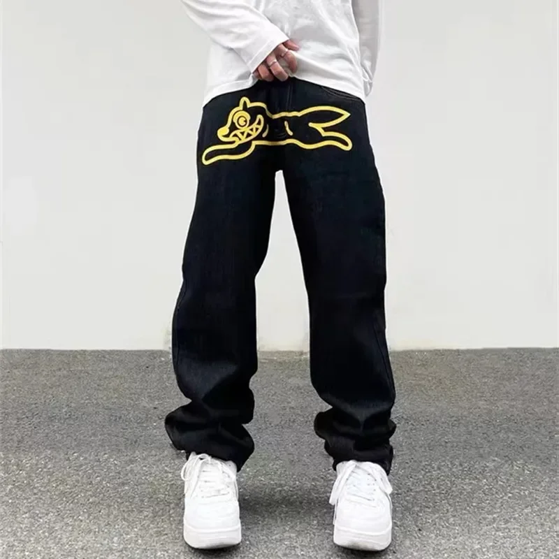 Ropa Dog Print Streetwear Men Hip Hop Hop Baggy Džínsy oblečenie rovno uvoľnené džínsové nohavice nohavice pantalony vaqueros