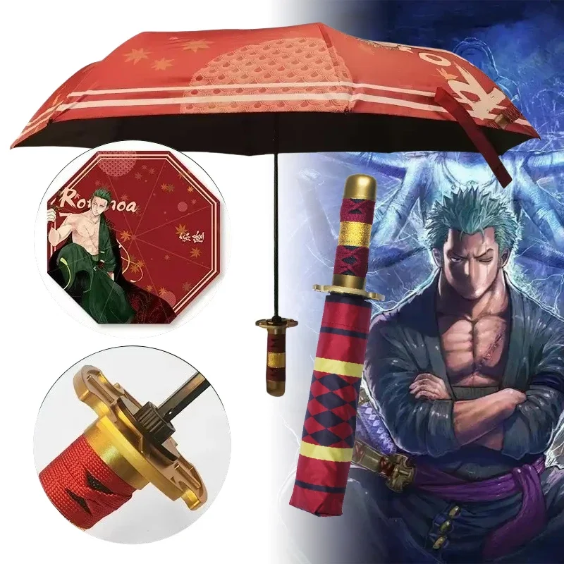 Roronoa Zoro Katana dáždnik Skladanie UV blokovanie čierneho slnečníka skutočný japonský katana samurai šabľový meč slnečník Anime Raincoa Raincoa