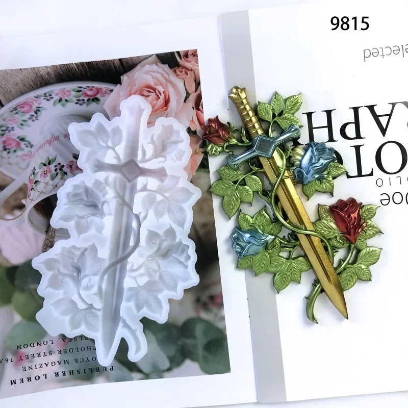 Rose Cross Silikone Fold na stenu dekorácie, meč ， formy epoxidovej živice,