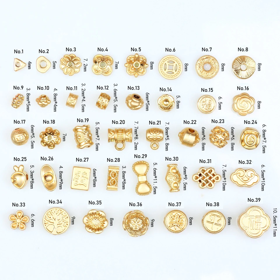 Rose Flower Bowknot Gold Ingot Mahjong Chinese Character Tvar perforované rozpárové guľôčky 14k Zlaté kúzla č. 21-39 20ks/veľa