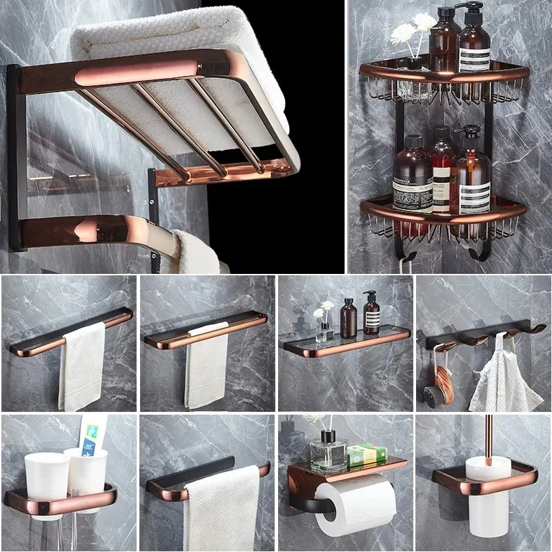 Rose Gold Čierny stojan na uteráky, polica kúpeľne, držiak na papier, držiak na uterák, držiak na toaletné kefy kúpeľňa Hardware Kúpeľňa Kúpeľňa