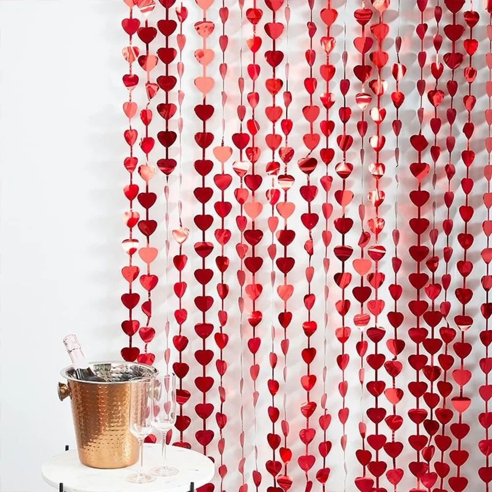Rose Golden Red Strieborné srdiečko Pozadie fólovej fólie Fólové okrajové záclony Valentines narodeniny svadobná nevesta Party Photo stánok pozadie