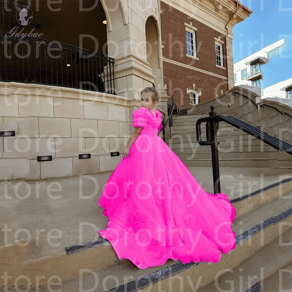 Rose Pink 2025 Pearl Belt Flower Girl Šaty 3d kvety Svadobné šaty šaty chvost dieťa narodeniny šaty prispôsobené