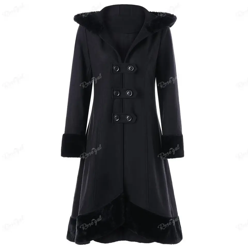 Rosegal New Black Gothic Topy Outwear Coats Lace Up zadné kožušinové gombíky s kapucňou s dlhým rukávom Žena jesenná zimná bunda