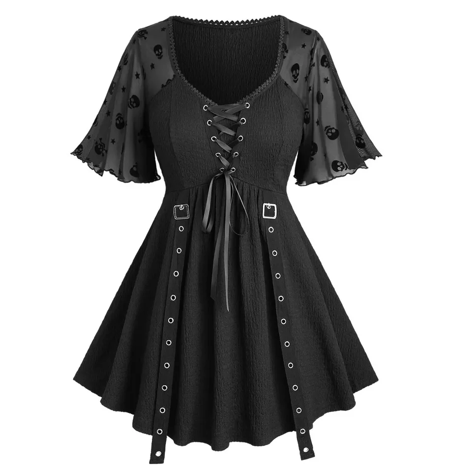 Rosegal Plus veľkosť dámske tričko Čierne lebky hviezdy Slové rukávy Lace Up Buckle Plerakto