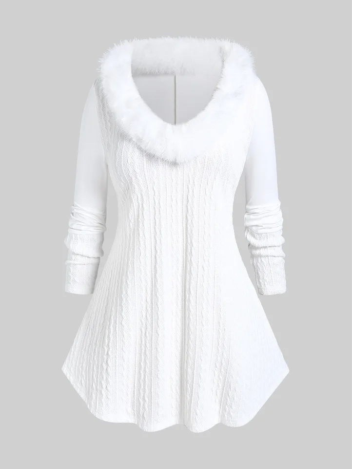Rosegal Plus veľkosť dámskeho bieleho faux kožušinového vkladania káblových pletených vrcholov Pulloves, Streetwear s dlhými rukávmi, pletené oblečenie, jarné jesenné odpaliská
