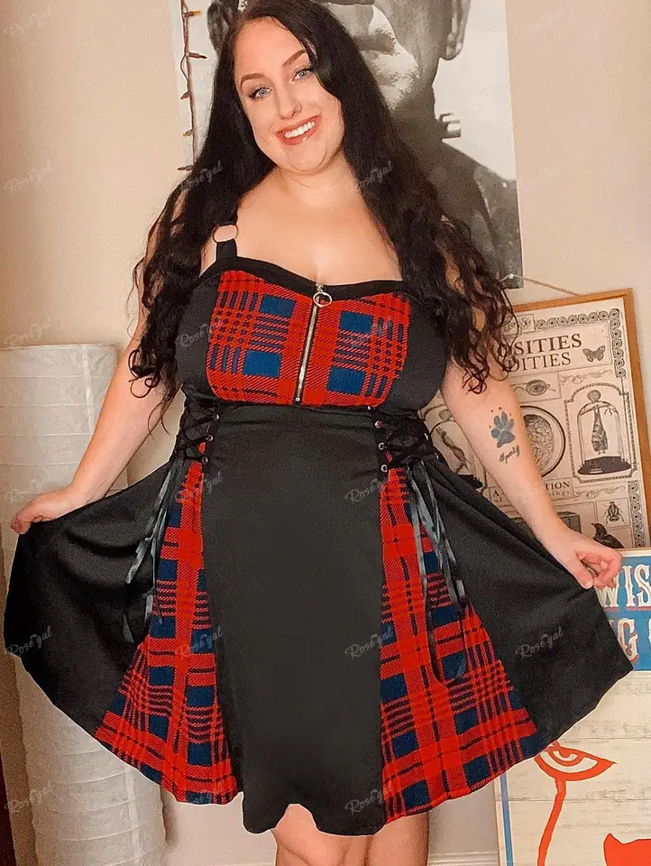 Rosegal plus veľkosť gotických žien šaty 5xl šnurované kockované haldové zips fit a odlety šaty s vysokým pásom dĺžky kolena Vestidos