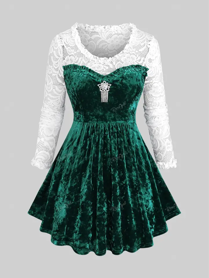 Rosegal plus veľkosť kvetinové čipky Velvet Patchwork Tričko Tassel pracka Ruffle Topy Topy