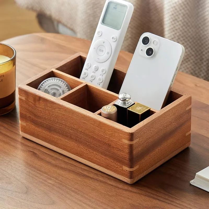 Rosewood Storage Box Desk Clutter Desktop Organizátor Drevená úložná skrinka Multi -priestranný diaľkové ovládanie Držiak pero