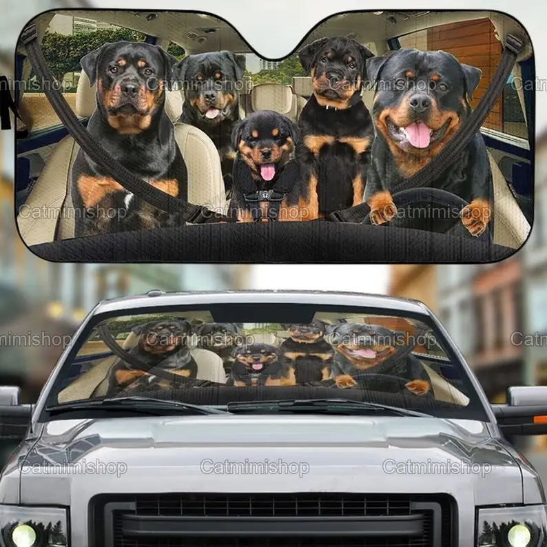 ROTTVEILER FAMPILE AUTOMOBLE SUNNE, FUNNY ROTTVEILER SUNSHADE, ROTTVEILER DEOCON AUTO, THODE AUTO SUN OBRÁŽAŤ