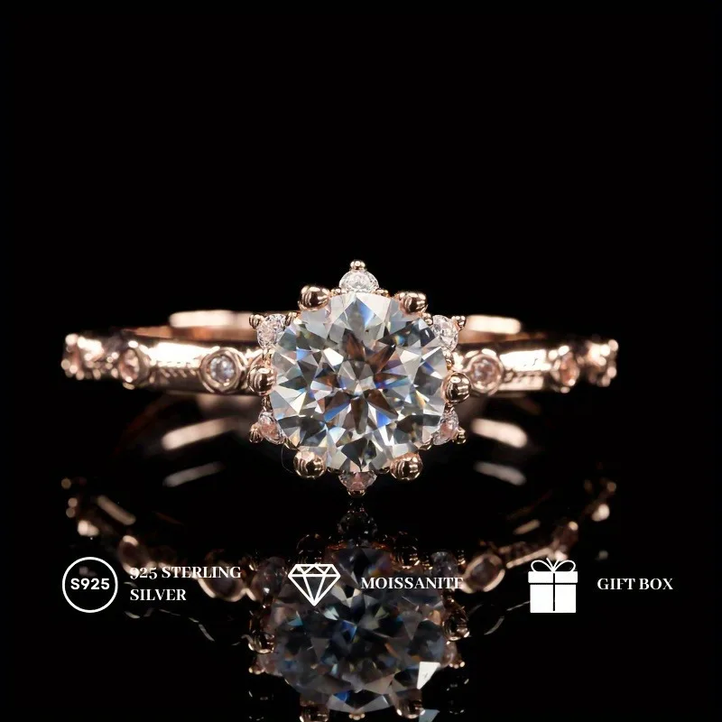 Round Moissanit Ring, Snowflake Rose Golden 925 Strieborný snubný prsteň, jedinečný sľubný prsteň výročia darčekových krúžkov pre ženy