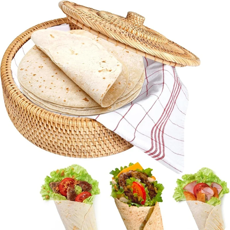 Round Rattan boxy s ručne tkavým vekom, viacúčelové prútený podnos 10.2 palcov piknik