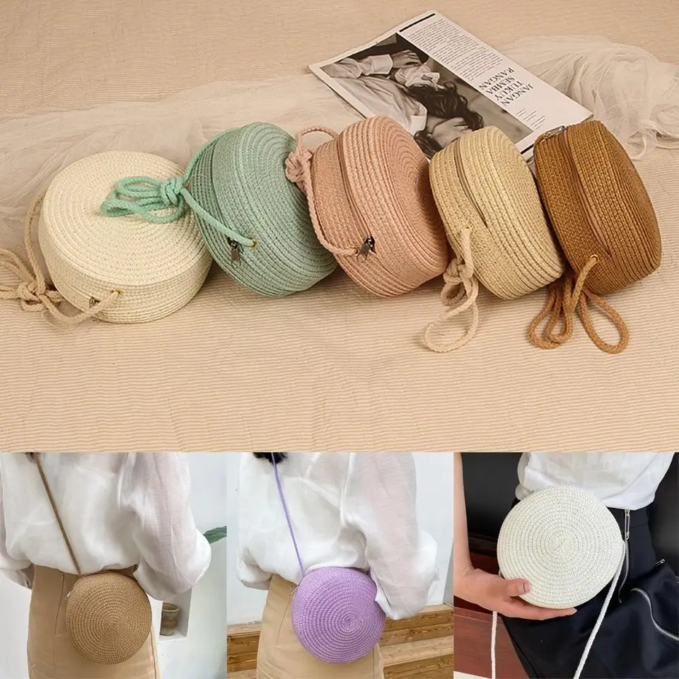 Round Slaw Bag Ženy tkané plážové krížové tašky pre dámy Deti roztomilé rameno rattan ručne vyrobené pletené taška malá kabelka