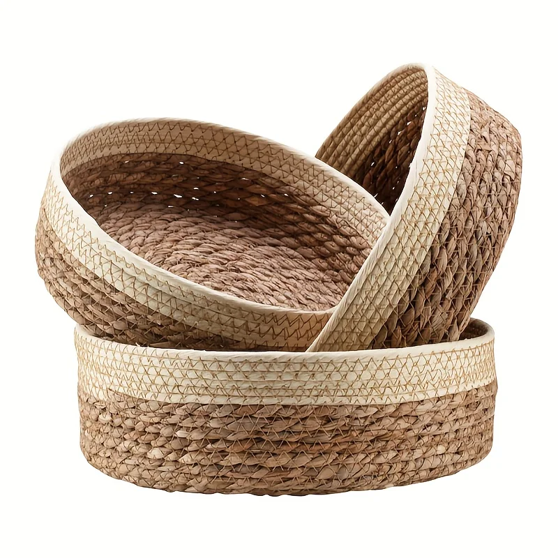 Round Slaw Woven Basket, ručne tkaný úložný kôš, úložný zásobník pre ovocie, košík na skladovanie kuchyne, 3pc