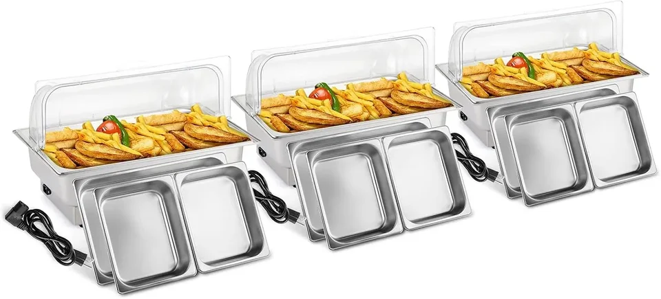 Rovsun 3 Pack Electric 9 Qt Nerezová oceľová miska Sada bufetov NSF Roll Top Catering Chafer Server Food Oriepter s plným