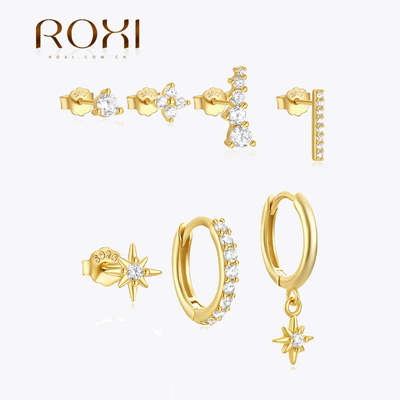 ROXI 925 Sterling Silver Octagonal Star/Geometric Zirkón Pierce Gucring Set pre ženy pracky/cvočky Denné nosenie Denné nosenie Party šperky