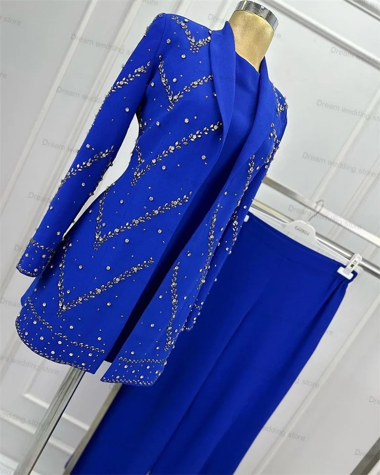 Royal Blue Crystals Dámske obleky súpravy 2 -dielne sako+nohavice luxusné svadobné smokingové šaty na šaty na šaty Prom Prisp