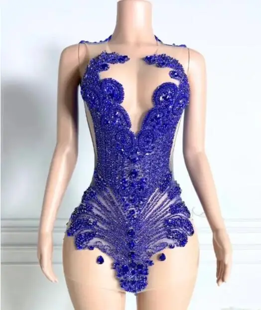 Royal Blue Diamond African Cocktail Dresses Narodeninové šaty šaty korálkové krátke ples šaty Čierne dievčatá Homecoming Prispôsobené