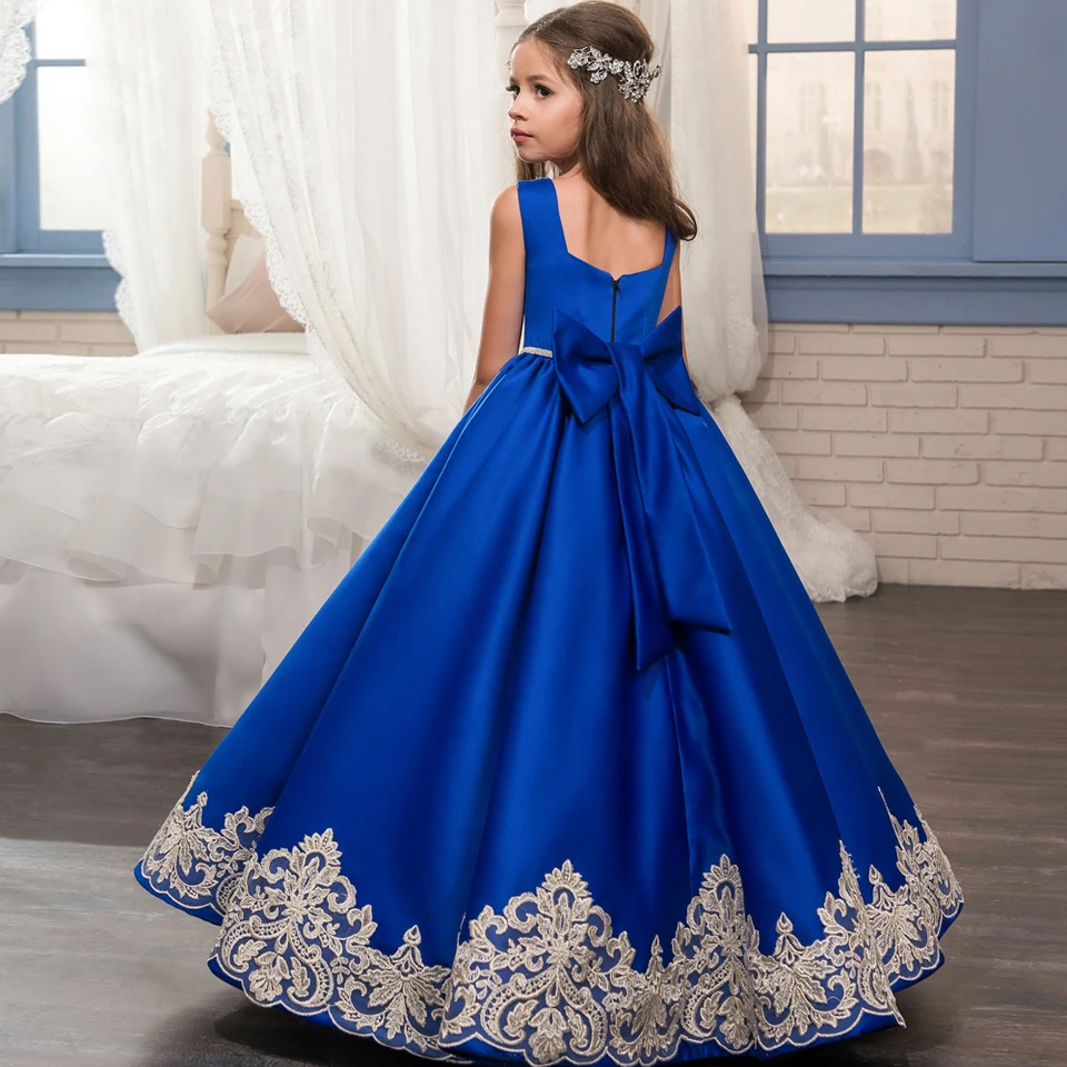 Royal Blue Flower Girl Šaty biele aplikácie s lukmi bez rukávov na svadobnú narodeninovú oslavu banket princezná šaty