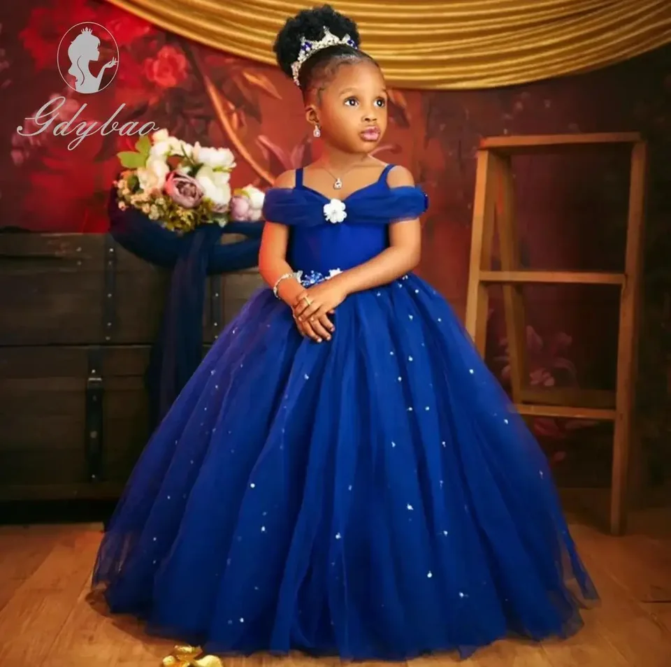 Royal Blue Flower Girl Šaty na svadbu korálkovitý Tulle batoľa dievčatá sprievodné šaty deti Formálne oblečenie