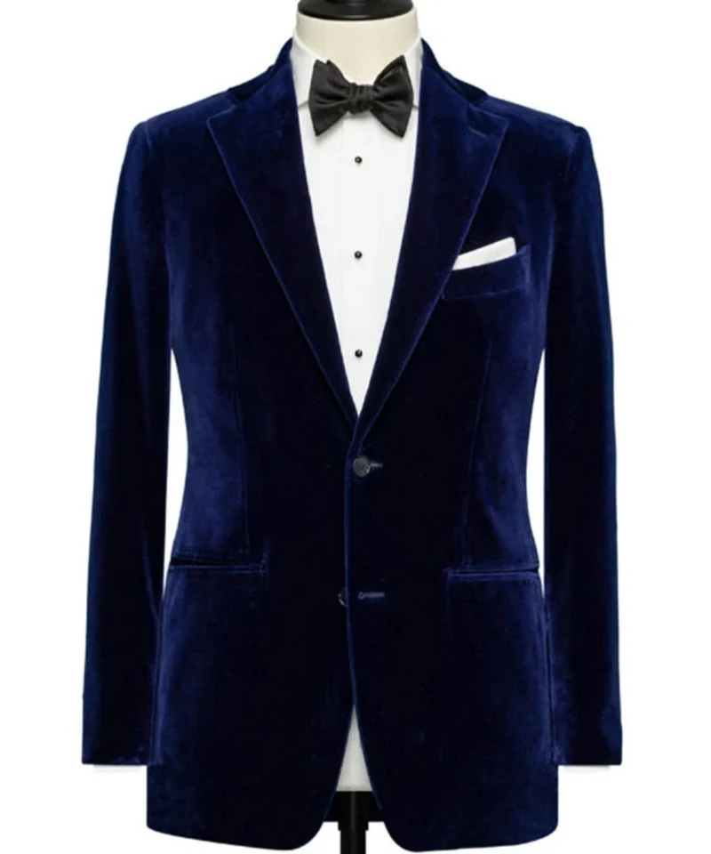 Royal Blue Velvet Blazer Single Breast Freed klope Slim Fit Fit Sming Bunda Príležitostné oblečenie Jeden kusový kabát Denné mužské oblečenie
