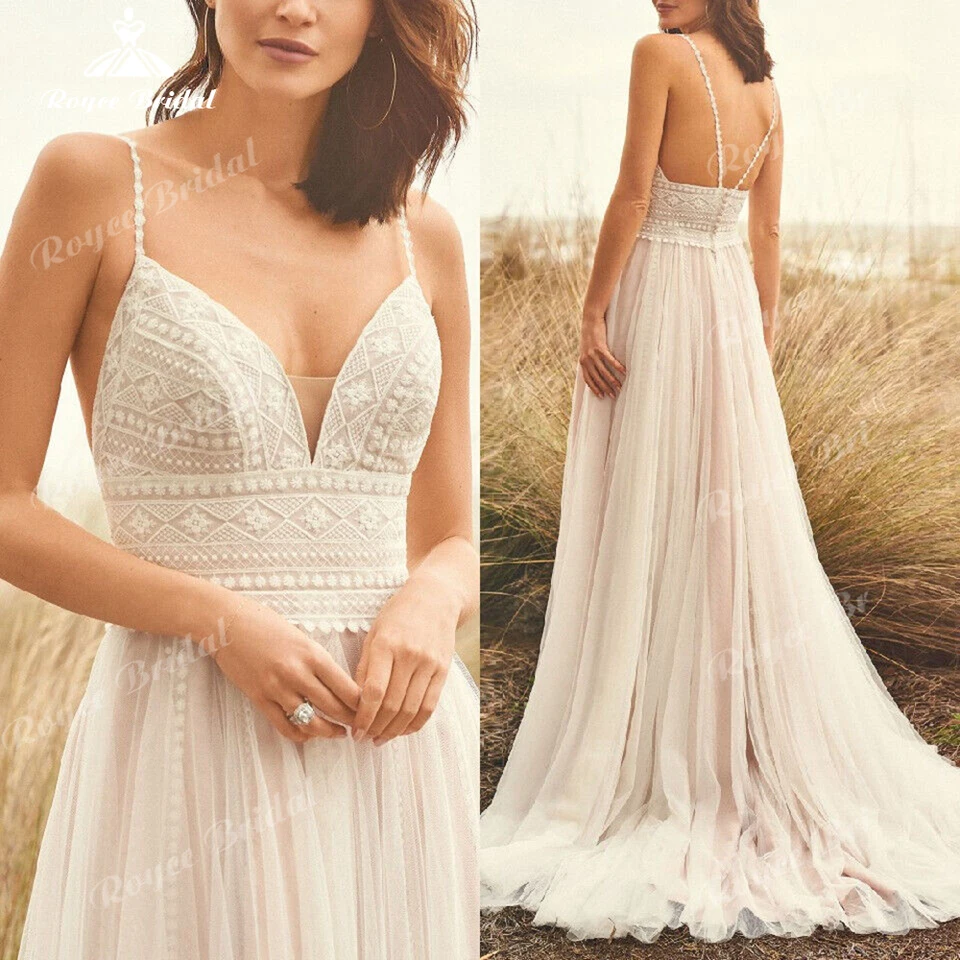 Roycebridálne špaghetové popruhy boho svadobné šaty čipky čipky Elegantné svadobné šaty Vestidos plážové svadobné šaty prispôsobené