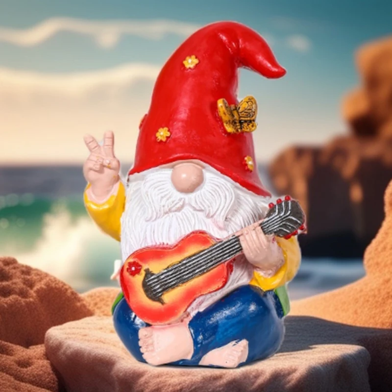Rozmarná gitara hranie škriatkovej sochy farebná živica záhrada trpaslíca