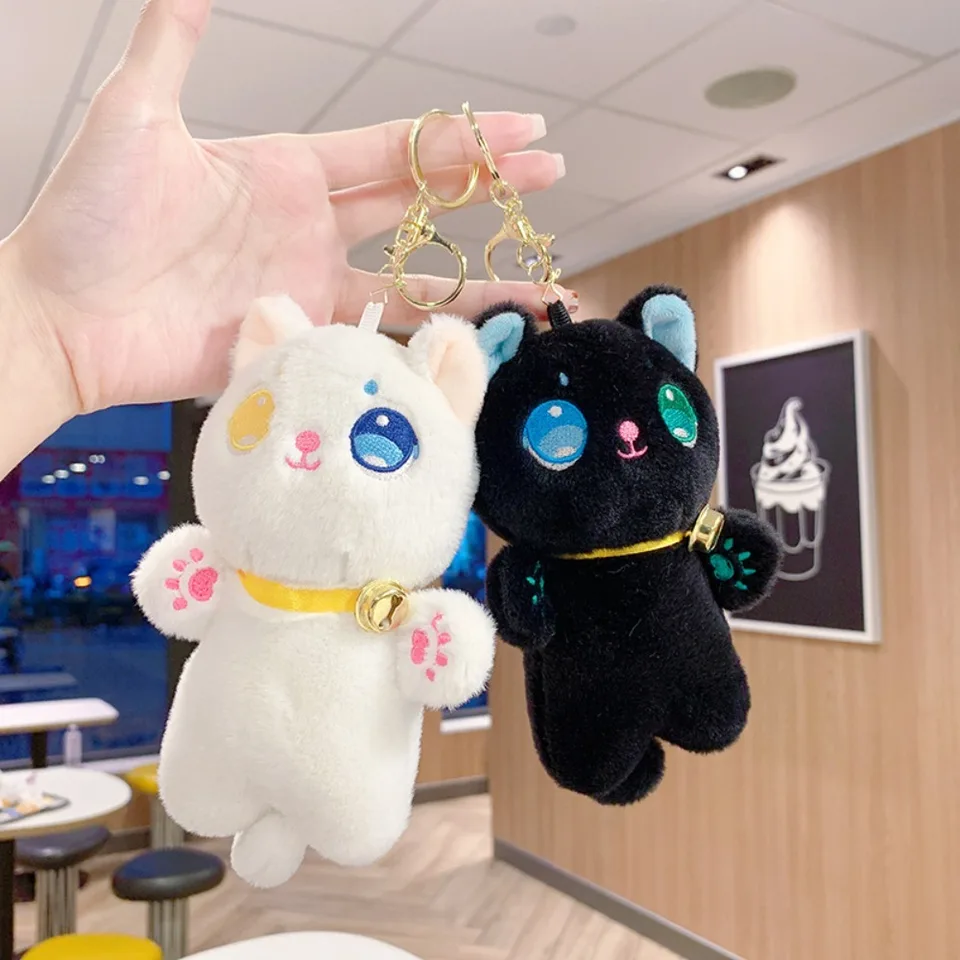 Rozprávková mačka plyšová mačka kľúče Rôzne oči Plyšové plyš Plush Doll Black Cat Key retiazka mäkká čierna/biela plyšová hračka Keyring