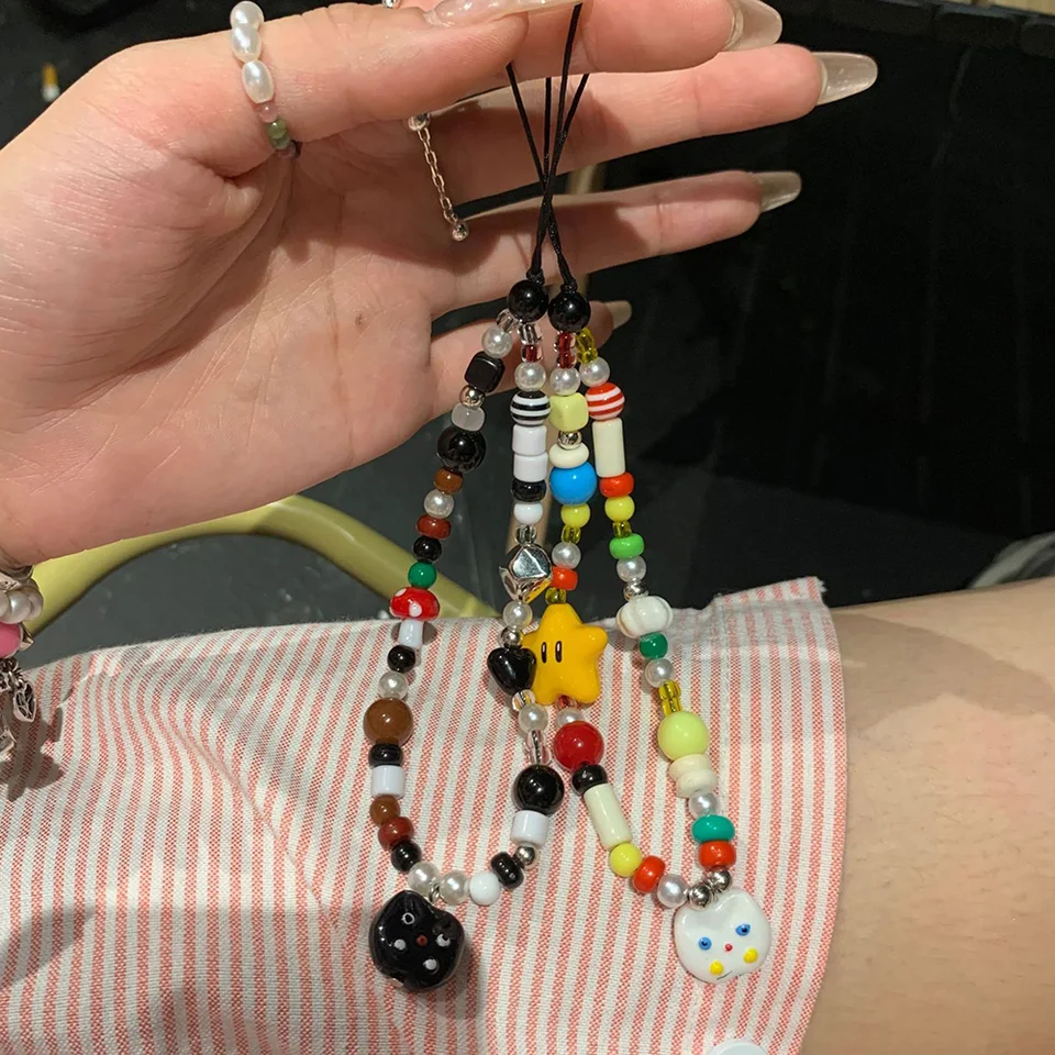 Roztomilá hviezda Cat prívesok s korálkovým telefónom Charm reťaz keycord lano pre iPhone Camera Bag s šperkami remienok darček Girl zavesenie šnúrky na šnúru