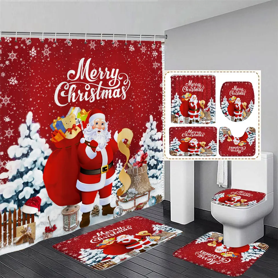 Roztomilá vianočná sprchovacia opona sada Santa Claus Snowman Pine Borovce Pobočky vianočné darčeky snehové vločky kúpeľne záclon